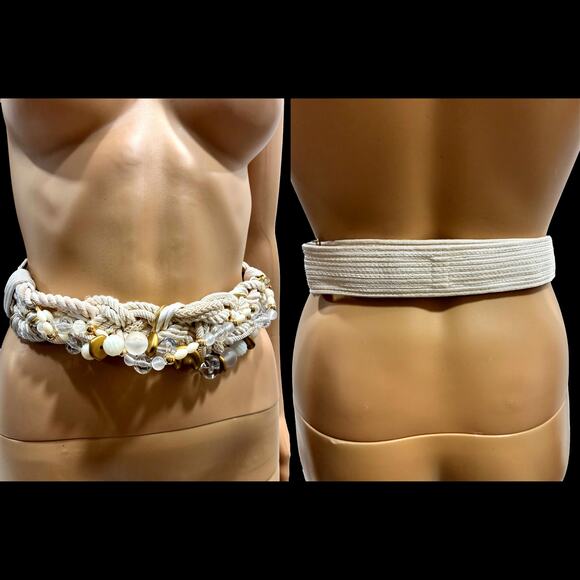Vintage 80s Ivory Braided Rope Beaded Belt | Gold & Clear Statement Waist Cinch main image 5